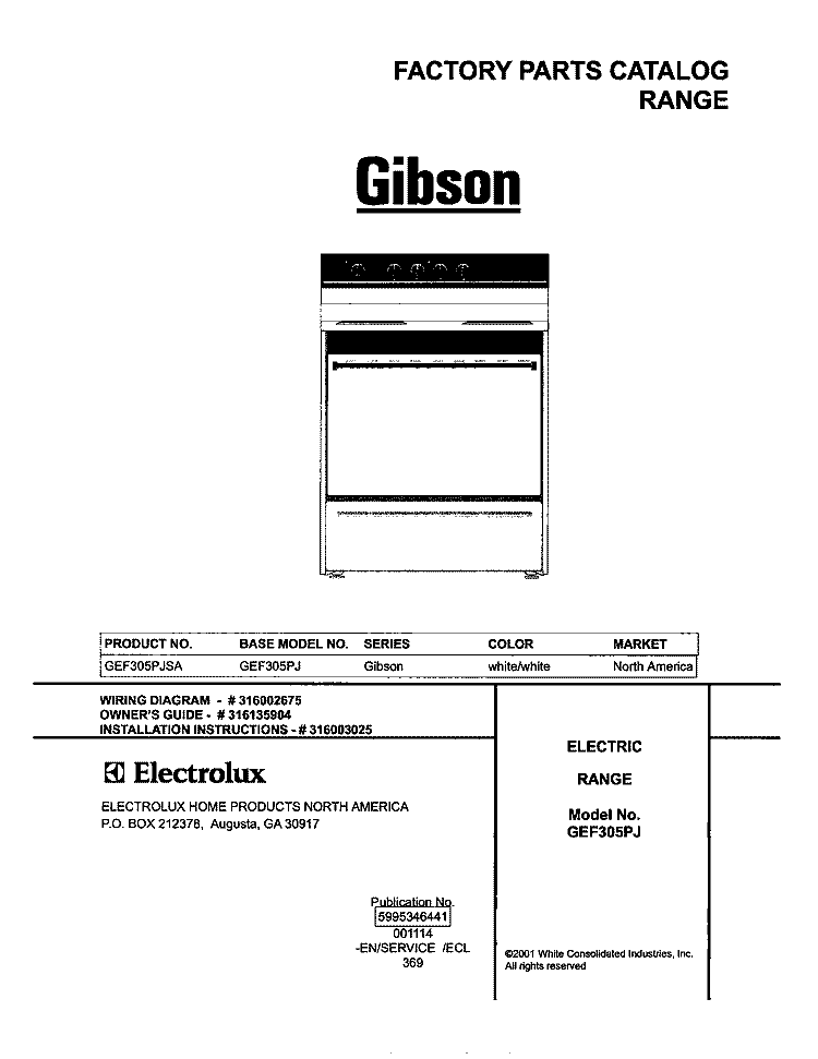 COVER Diagram and Parts List for GEF305PJSA  Gibson Range