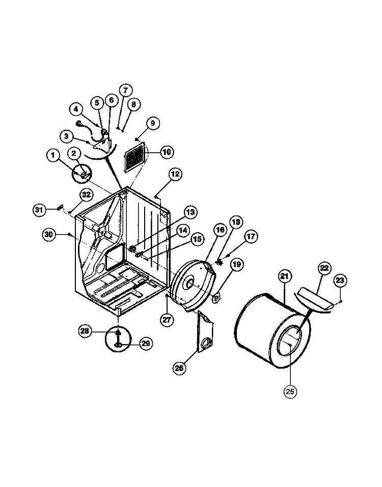 CABINET, DRUM, HEAT DUCT, HEATER Diagram and Parts List for FDG436RBS1  Frigidaire Dryer