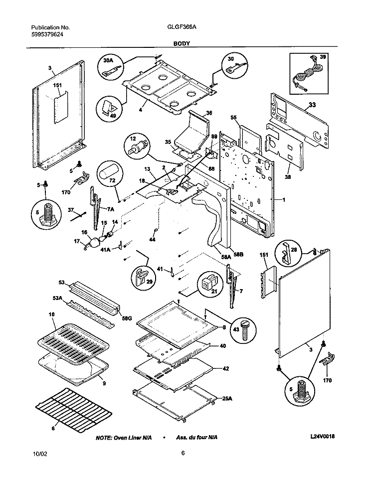 BODY Diagram and Parts List for GLGF366AQC  Frigidaire Range