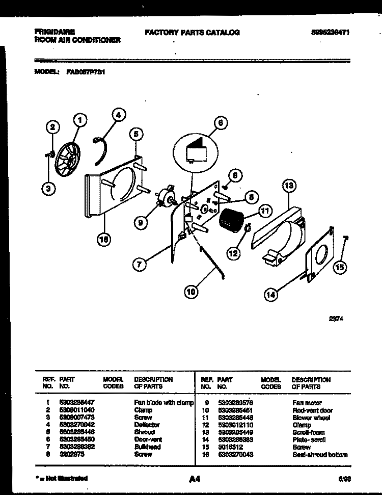 ELECTRICAL AND AIR HANDLING PARTS Diagram and Parts List for FAB057P7B1  Frigidaire Air Conditioner
