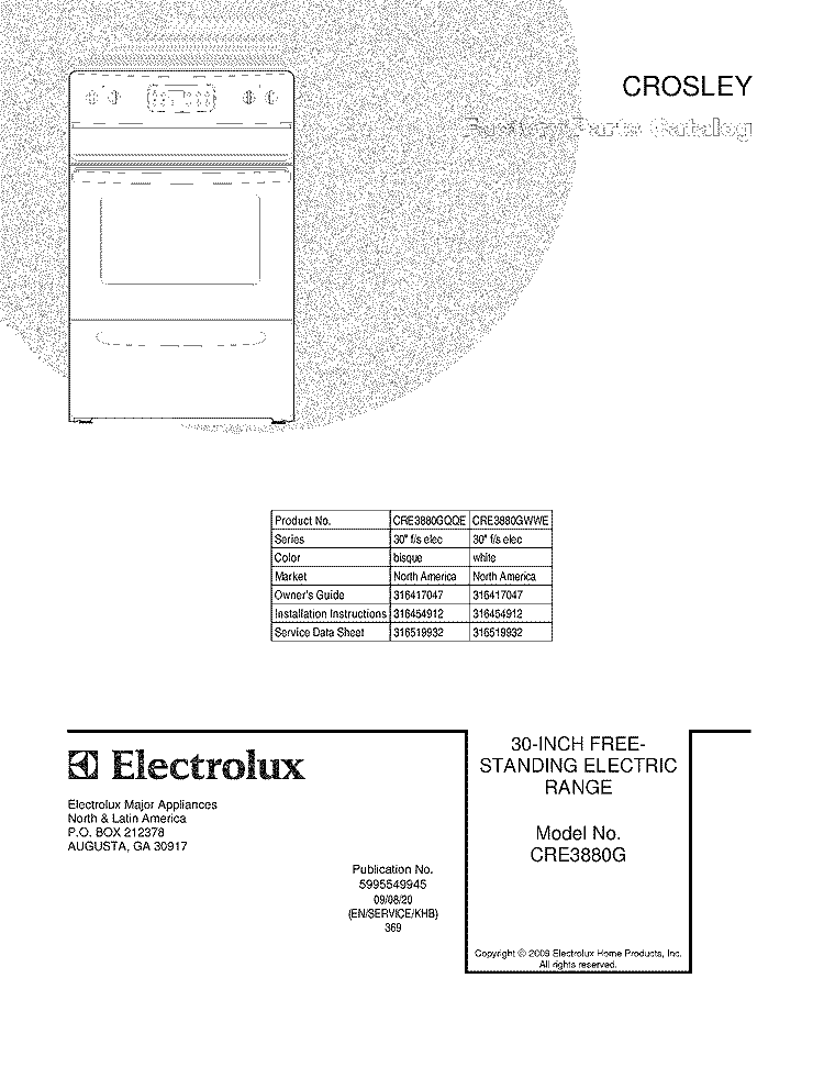 COVER Diagram and Parts List for CRE3880GWWE  Crosley Range