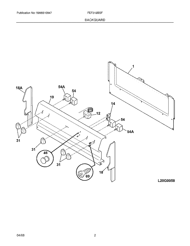 BACKGUARD Diagram and Parts List for FEF312BSF  Frigidaire Range