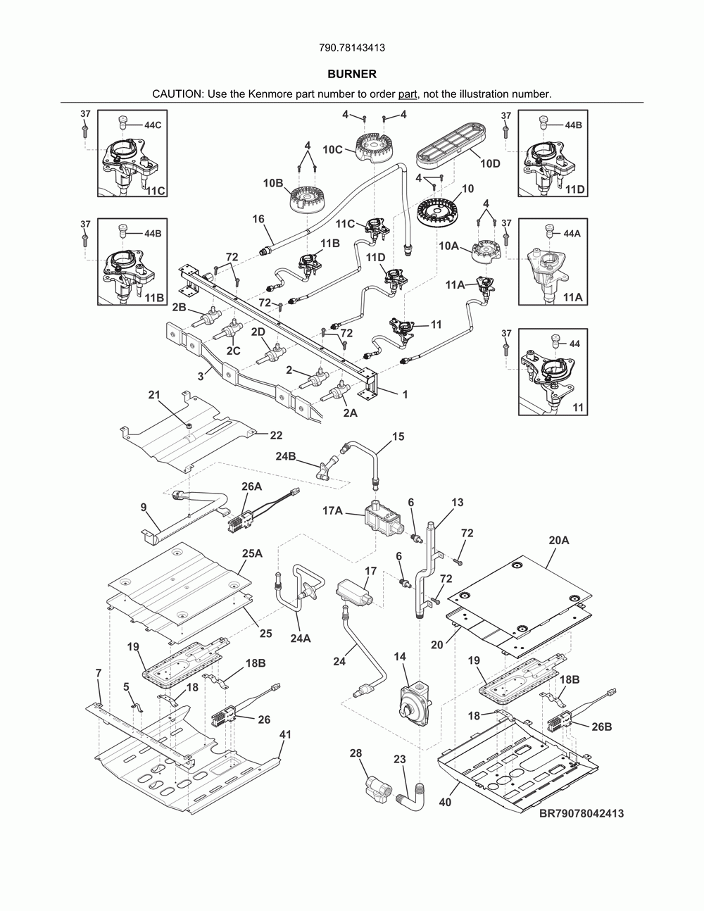 Burner Diagram and Parts List for 79078143413  Kenmore Range