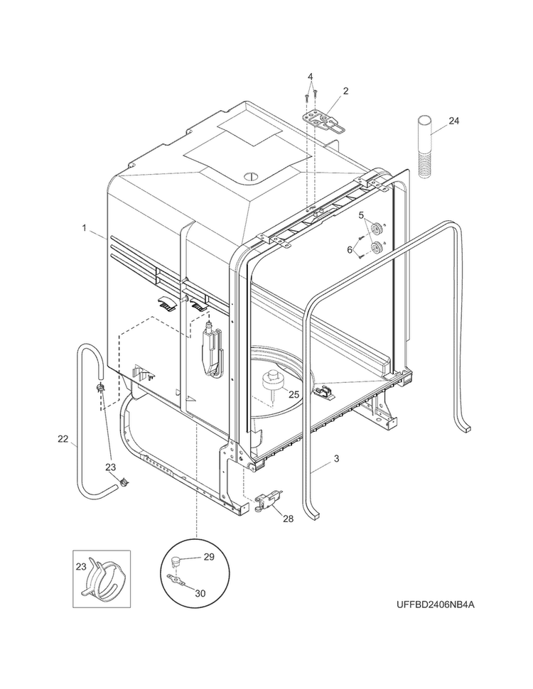 Tub Diagram and Parts List for FFBD2406NB6A  Frigidaire Dishwasher