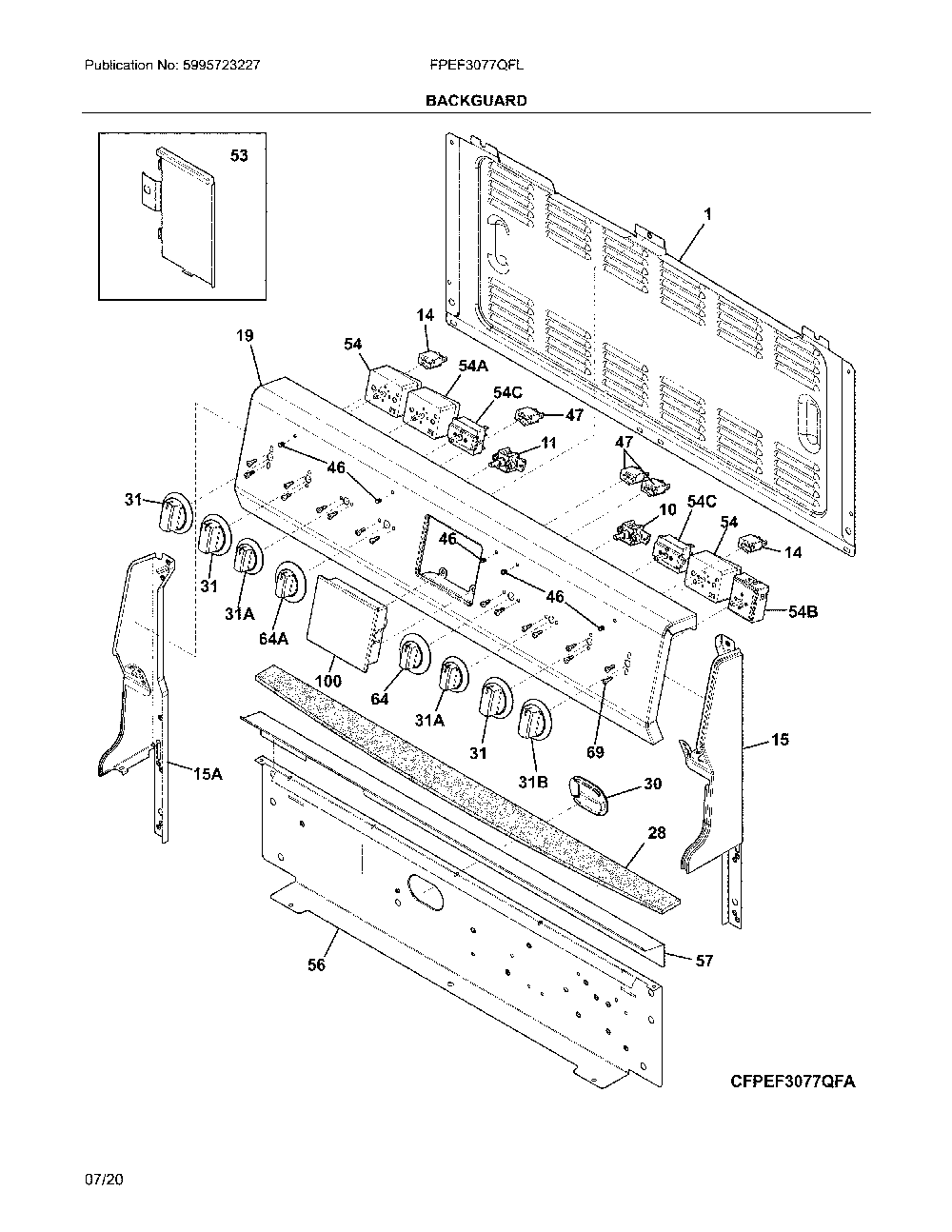 Backguard Diagram and Parts List for FPEF3077QFL  Frigidaire Range