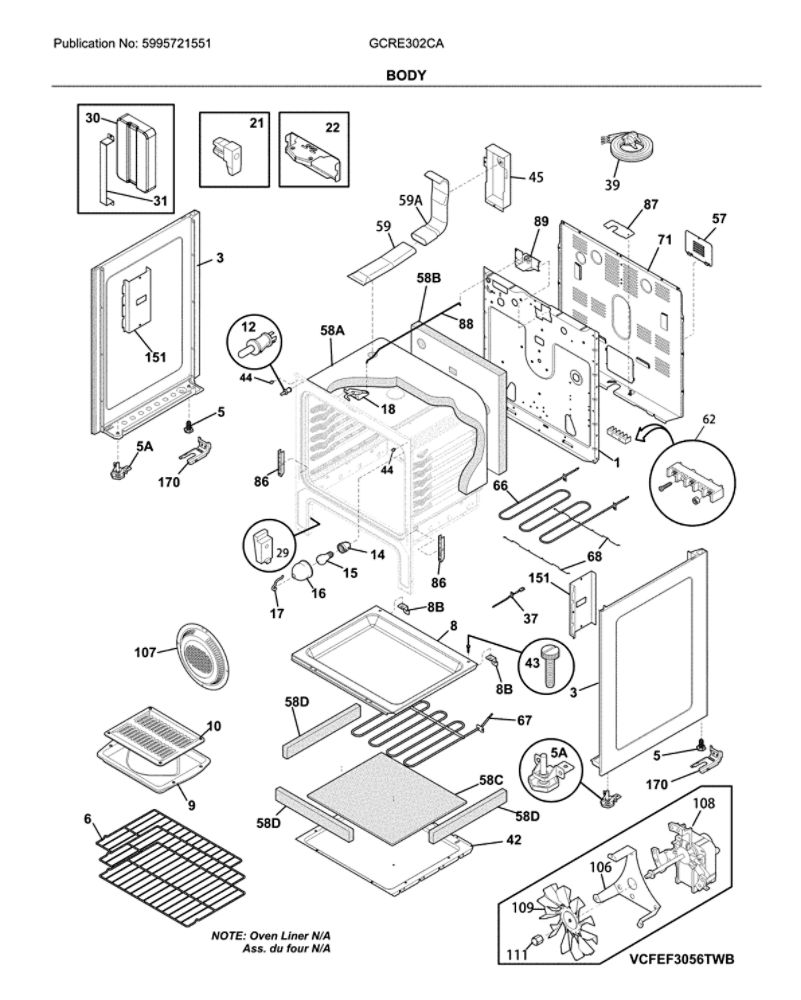 Body Diagram and Parts List for GCRE302CADA  Frigidaire Range