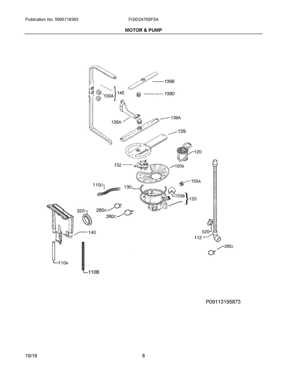 Motor & Pump Diagram and Parts List for FGID2476SF5A  Frigidaire Dishwasher