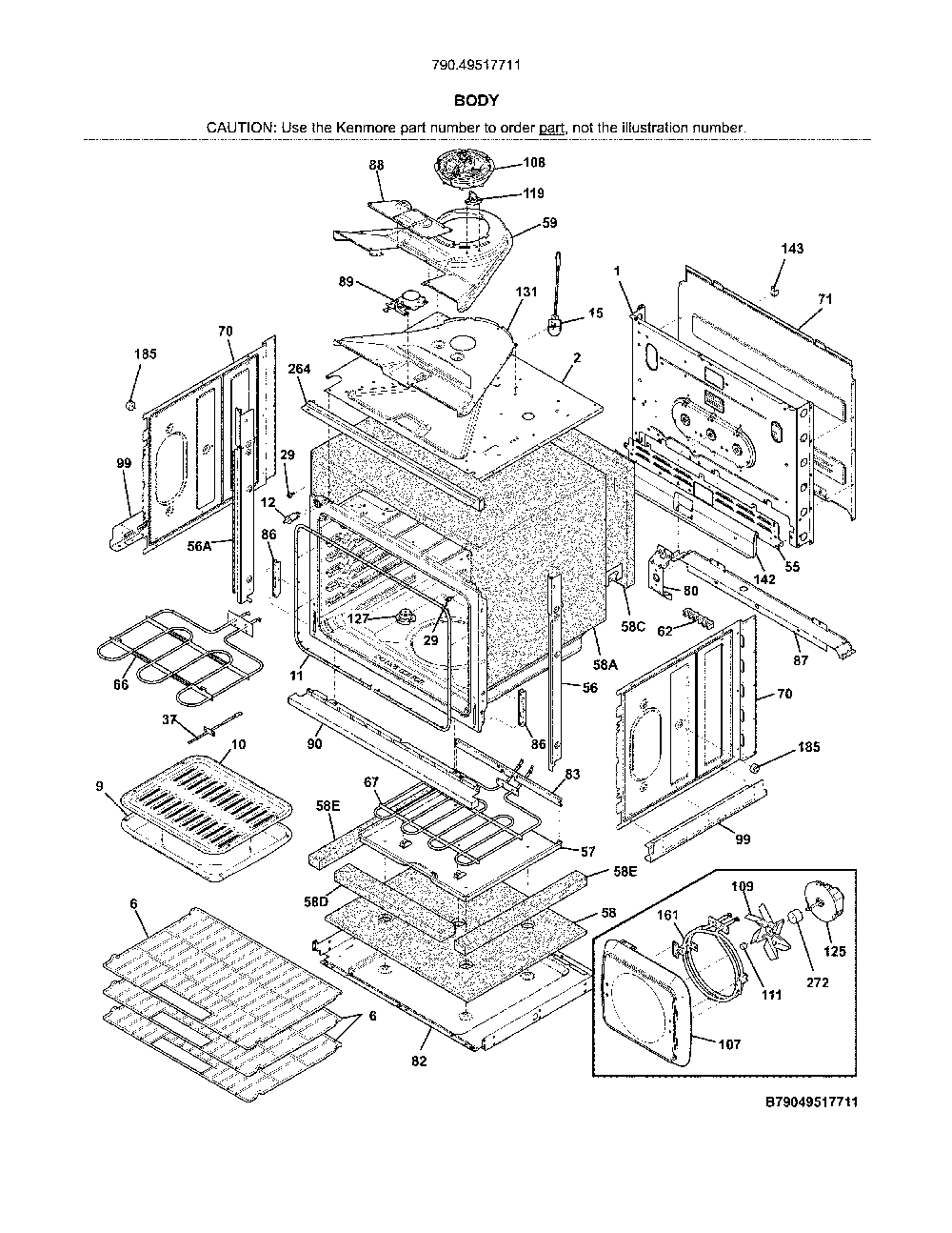 Body Diagram and Parts List for 79049517711  Kenmore Wall Oven