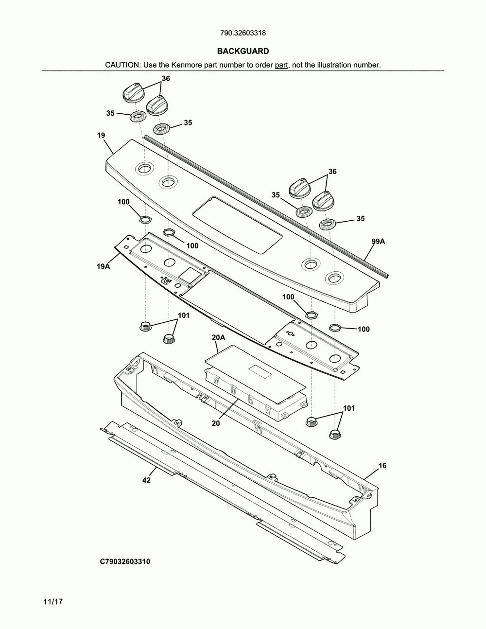 Backguard Diagram and Parts List for 79032603318  Kenmore Range