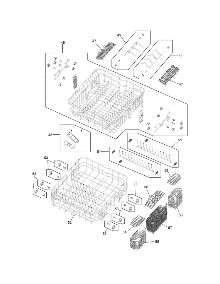 Racks Diagram and Parts List for FGHD2472PW0  Frigidaire Dishwasher