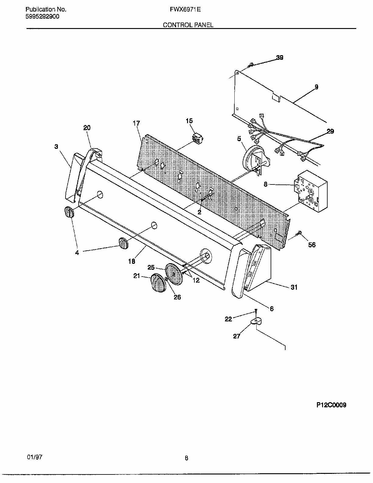 Control Panel Diagram and Parts List for FWX6971E  Frigidaire Washer