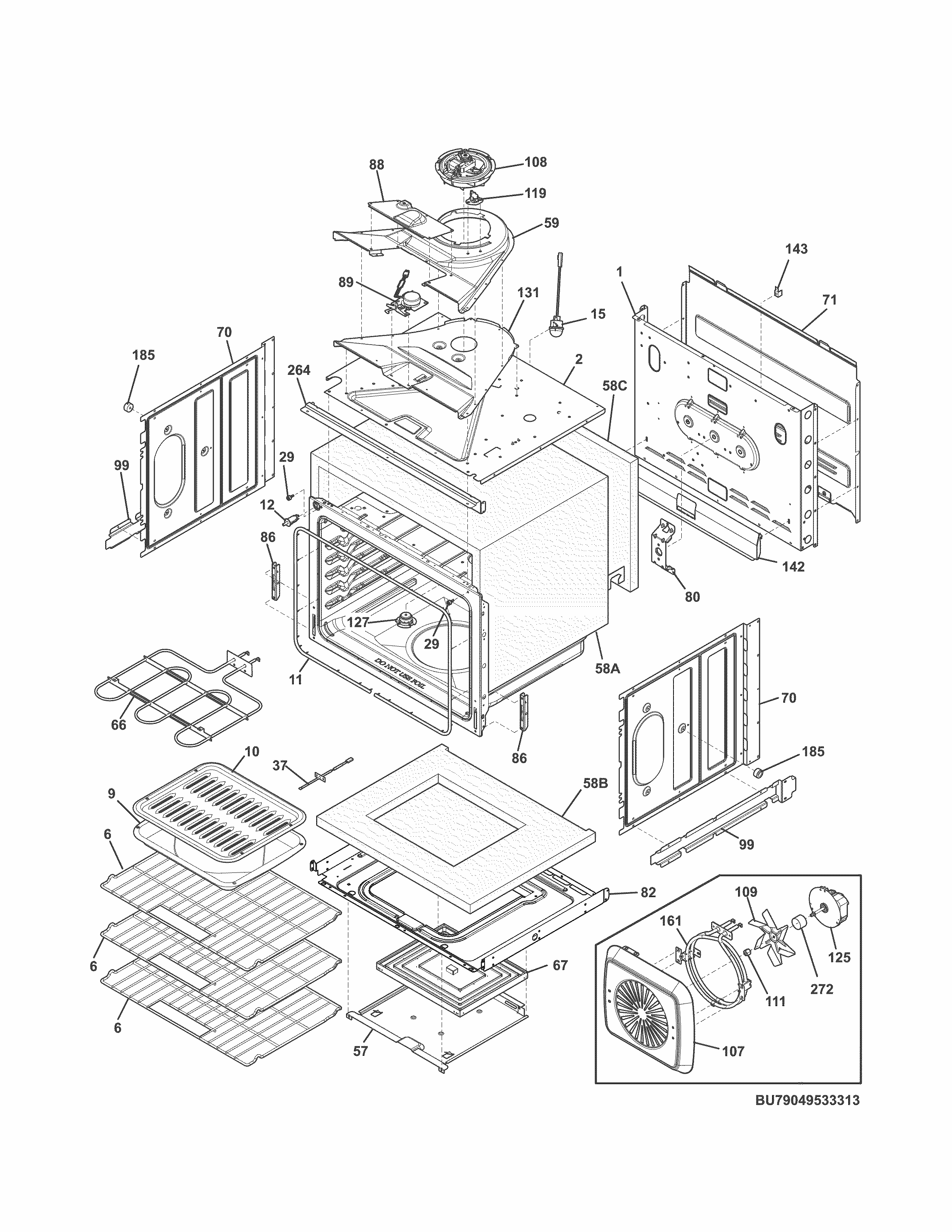 Upper Oven Diagram and Parts List for 79049532313  Kenmore Wall Oven