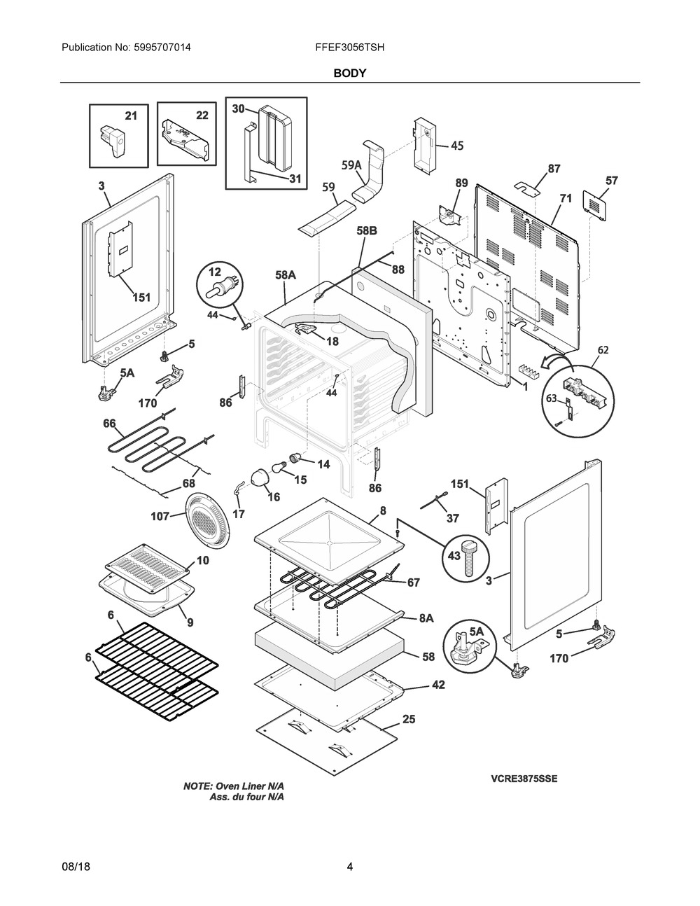 Body Diagram and Parts List for FFEF3056TSH  Frigidaire Range