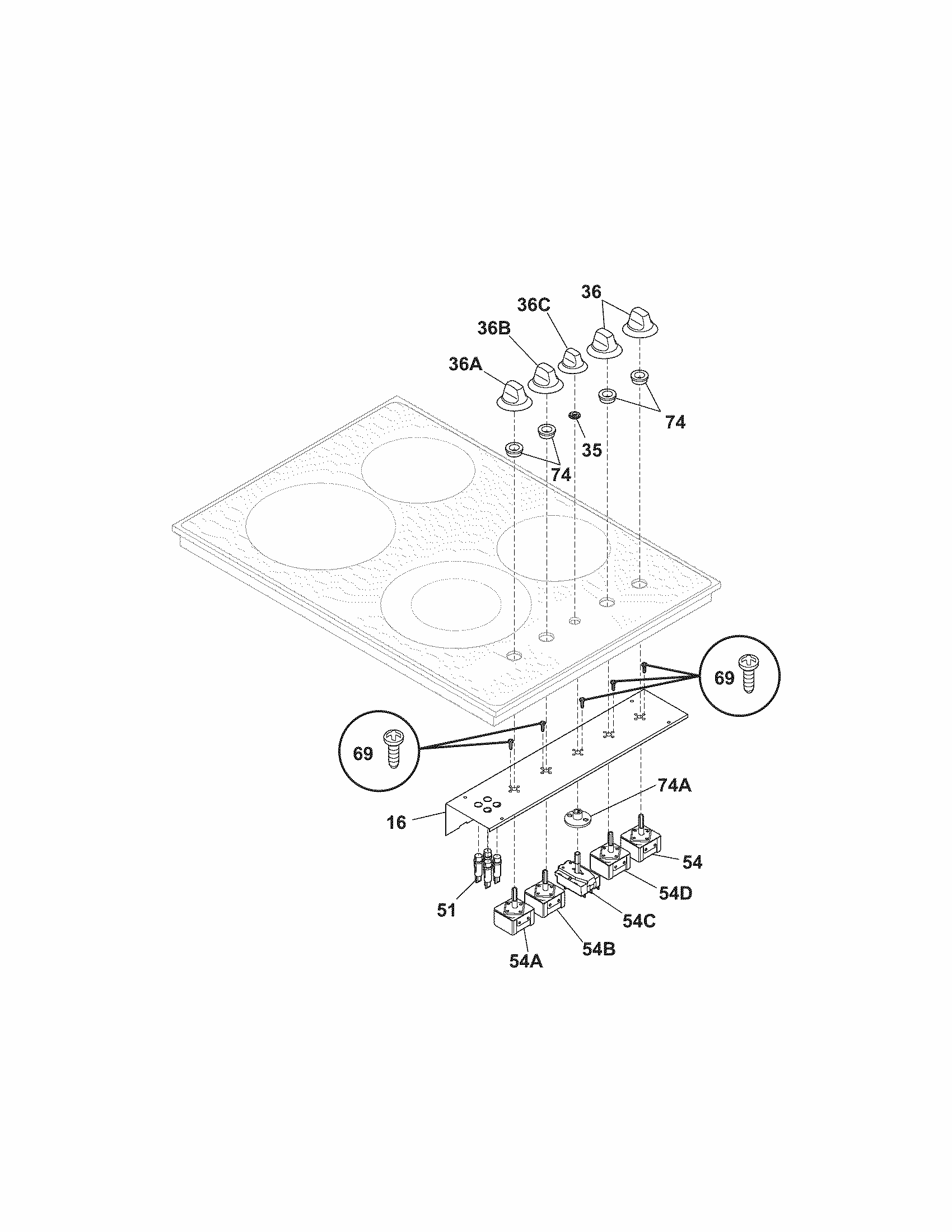 Controls Diagram and Parts List for 79042731403  Kenmore Cooktop
