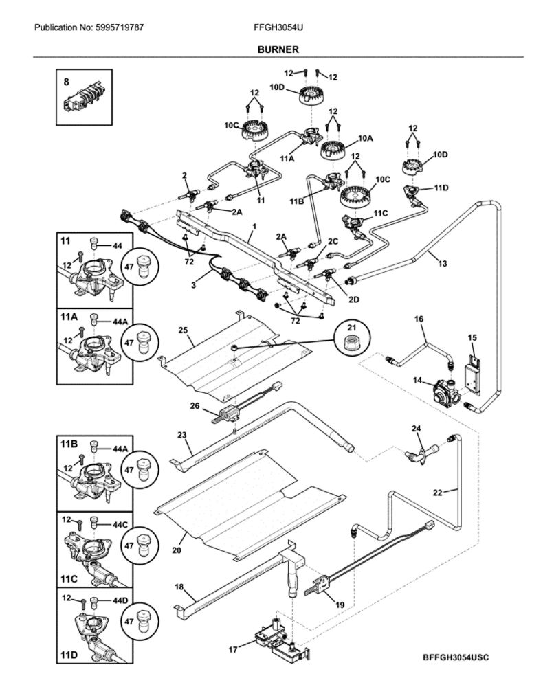 Burner Diagram and Parts List for FFGH3054UBA  Frigidaire Range