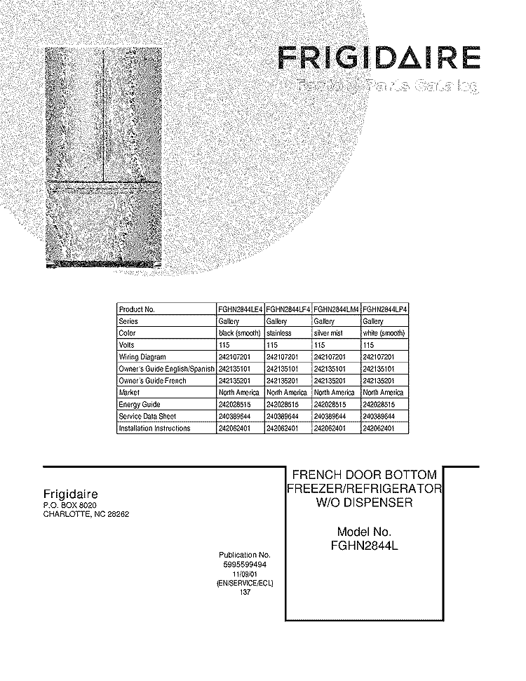 COVER Diagram and Parts List for FGHN2844LE4  Frigidaire Refrigerator