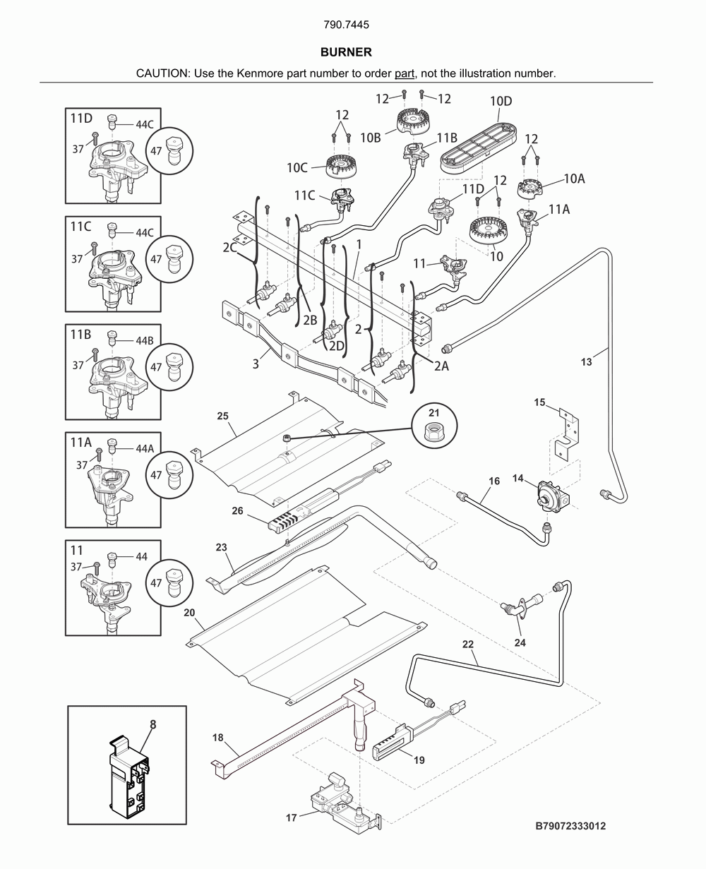 Burner Diagram and Parts List for 79074459810  Kenmore Range