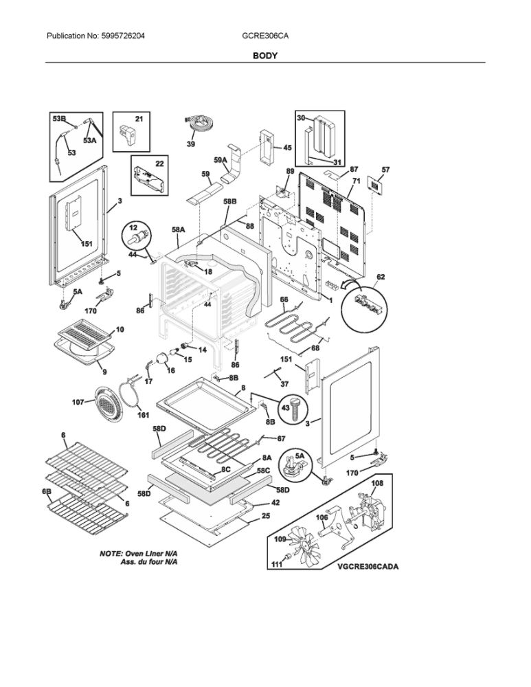 Body Diagram and Parts List for GCRE306CAFF  Frigidaire Range