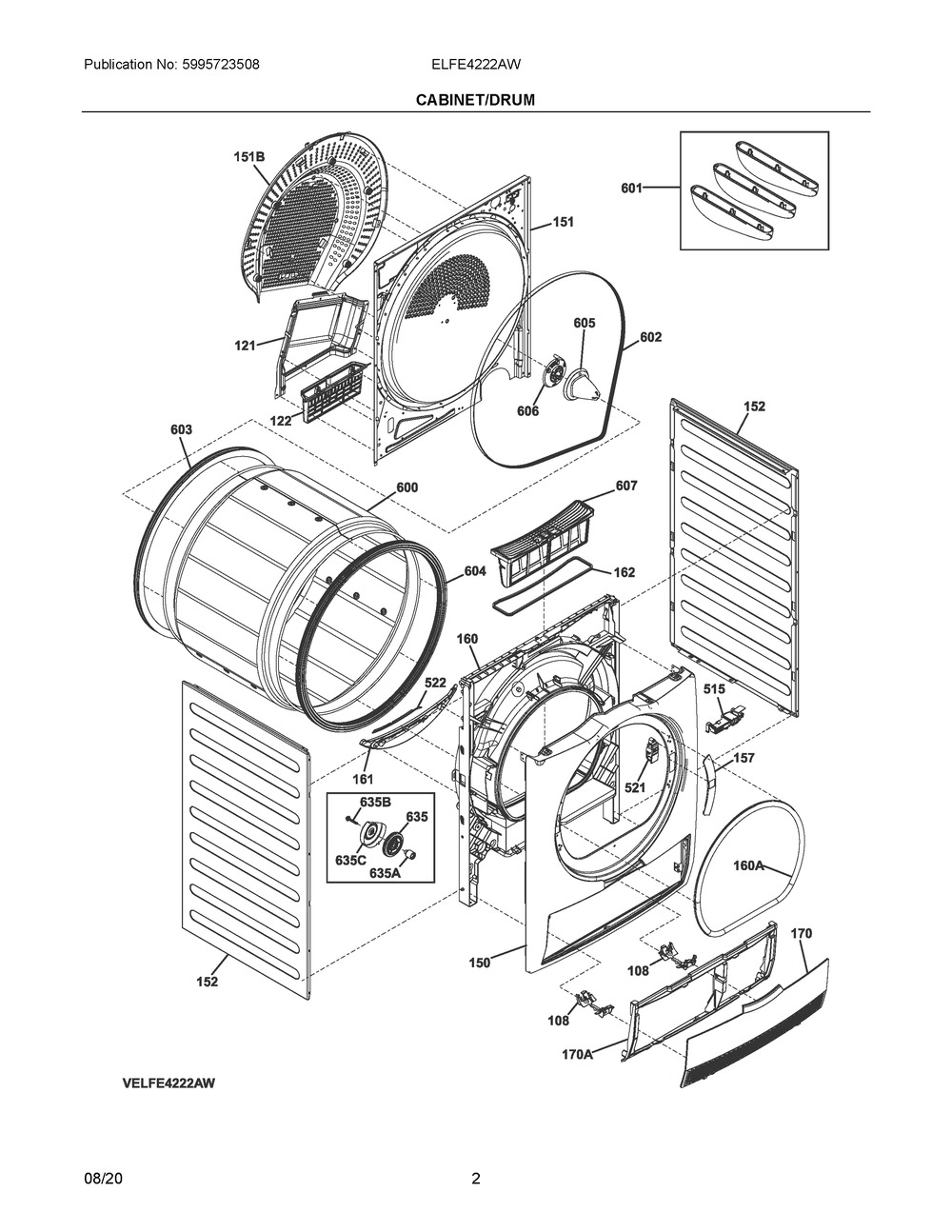 Cabinet/Drum Diagram and Parts List for ELFE4222AW  Frigidaire Dryer