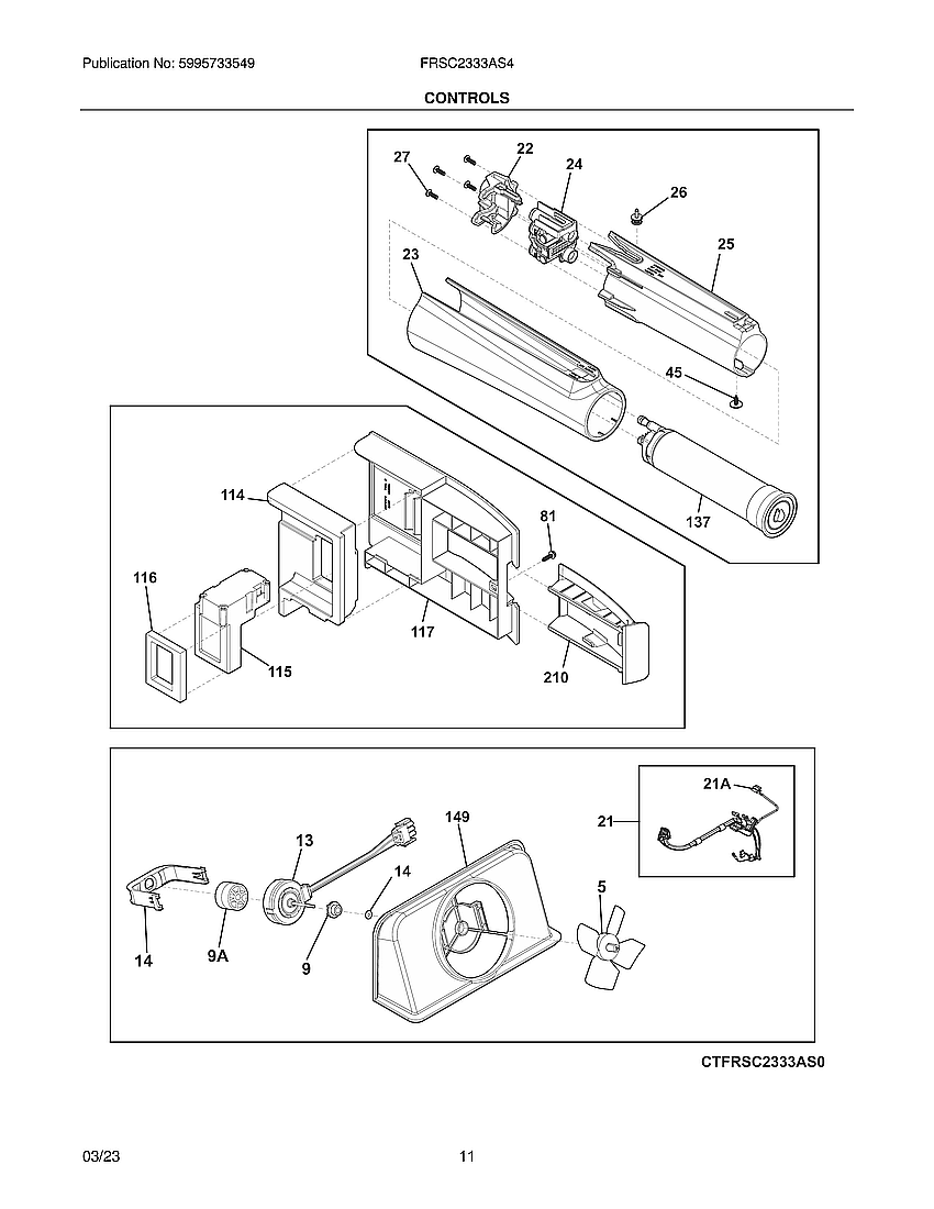 Controls Diagram and Parts List for FRSC2333AS4A  Electrolux Refrigerator