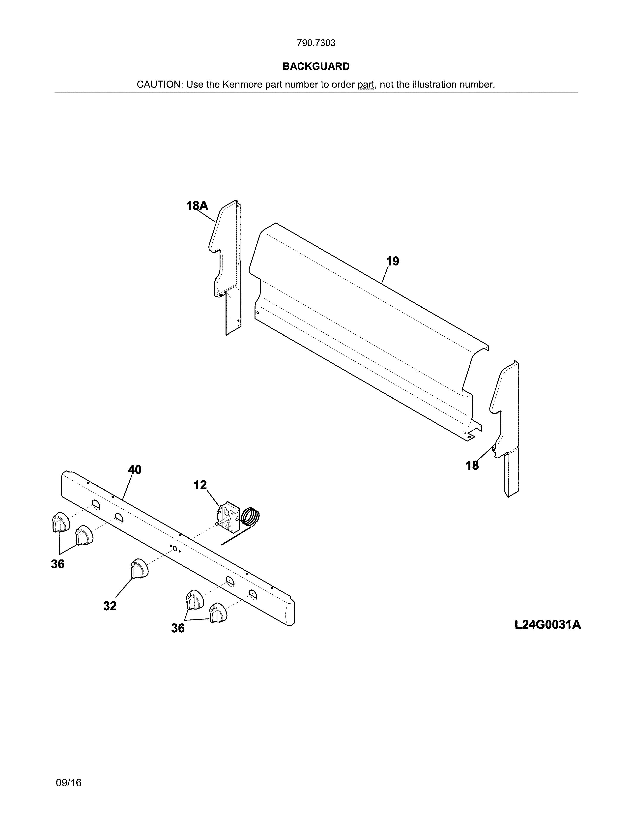 Backguard Diagram and Parts List for 79073032315  Kenmore Range