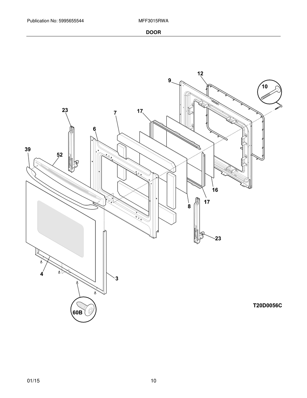 Door Diagram and Parts List for MFF3015RWA  Frigidaire Range