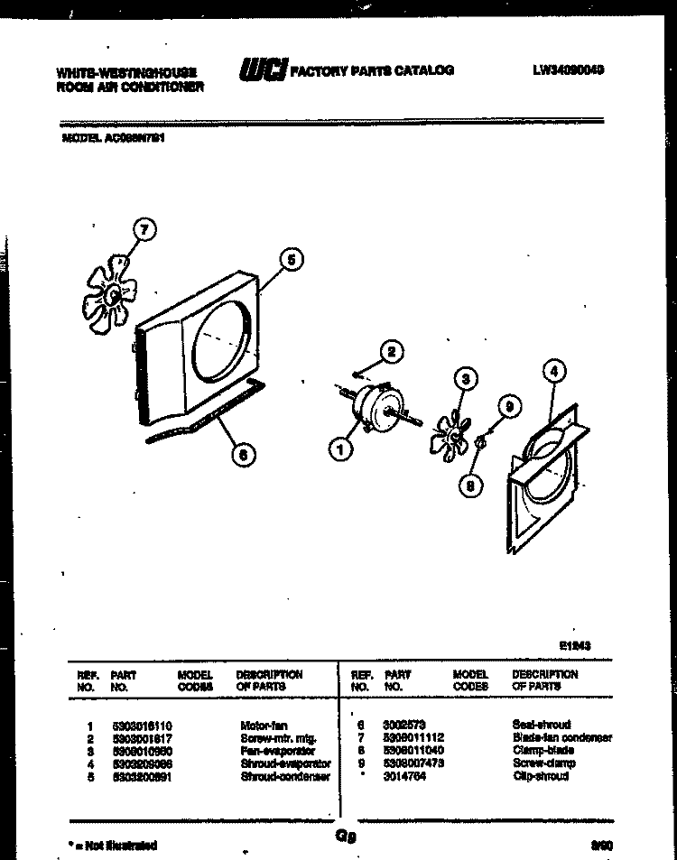 AIR HANDLING PARTS Diagram and Parts List for AC088N7B1  Frigidaire Air Conditioner