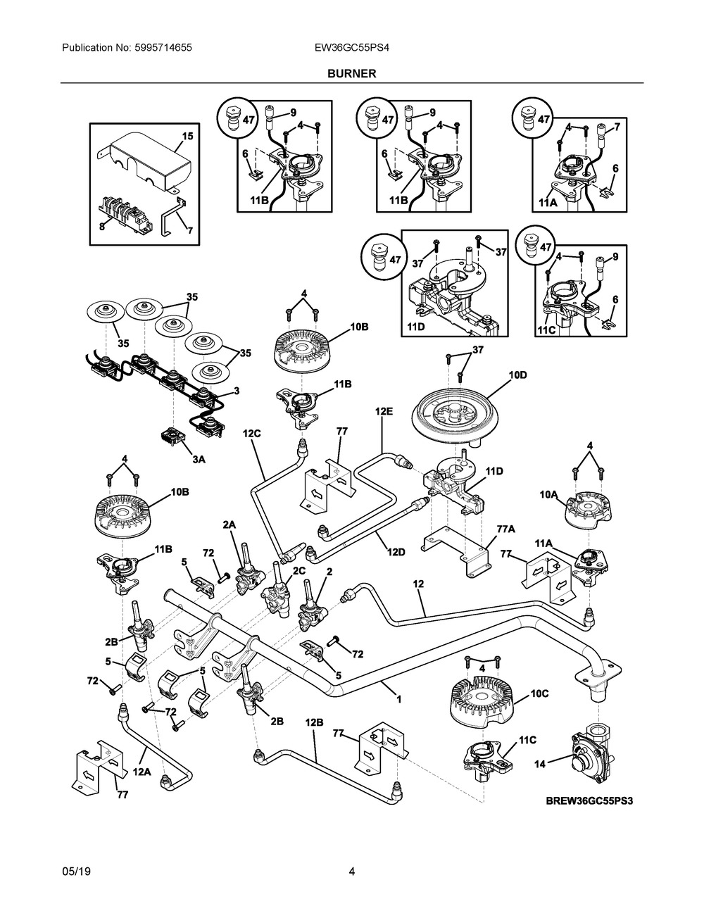 Burner Diagram and Parts List for EW36GC55PS4  Frigidaire Cooktop