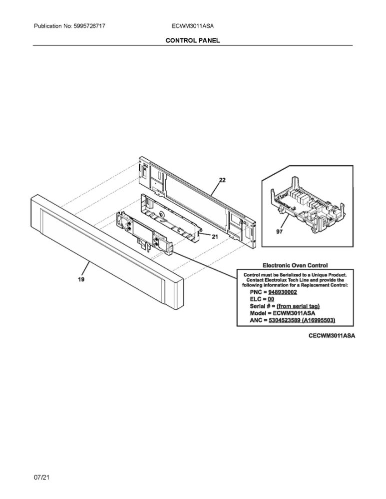 Control Panel Diagram and Parts List for ECWM3011ASA  Frigidaire Microwave Oven Combo