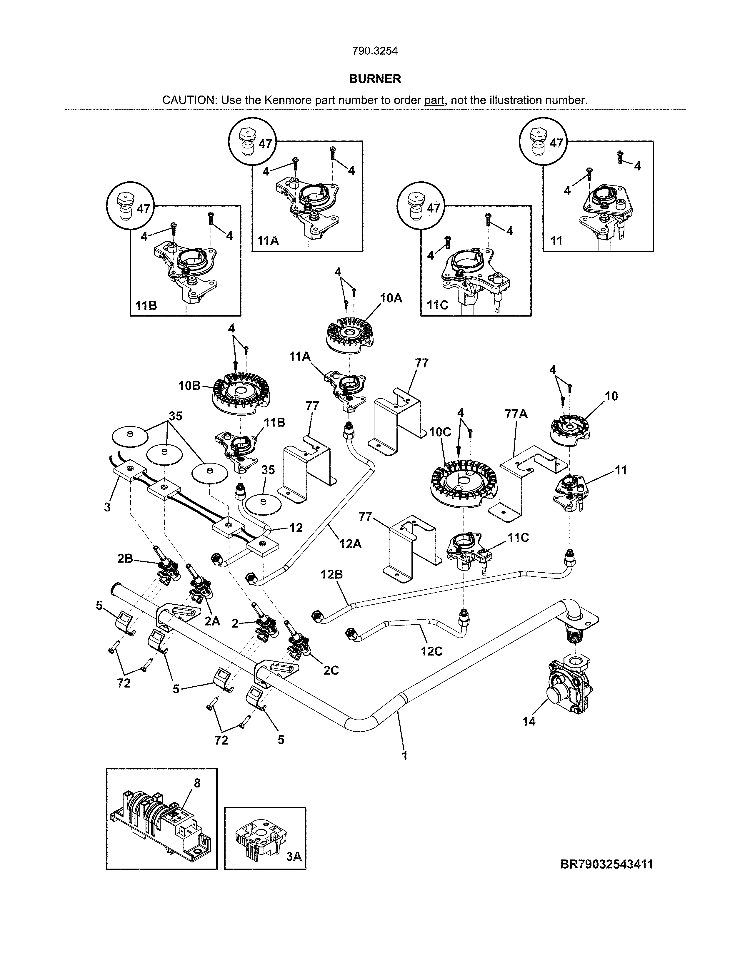 Burners Diagram and Parts List for 79032543411  Kenmore Cooktop