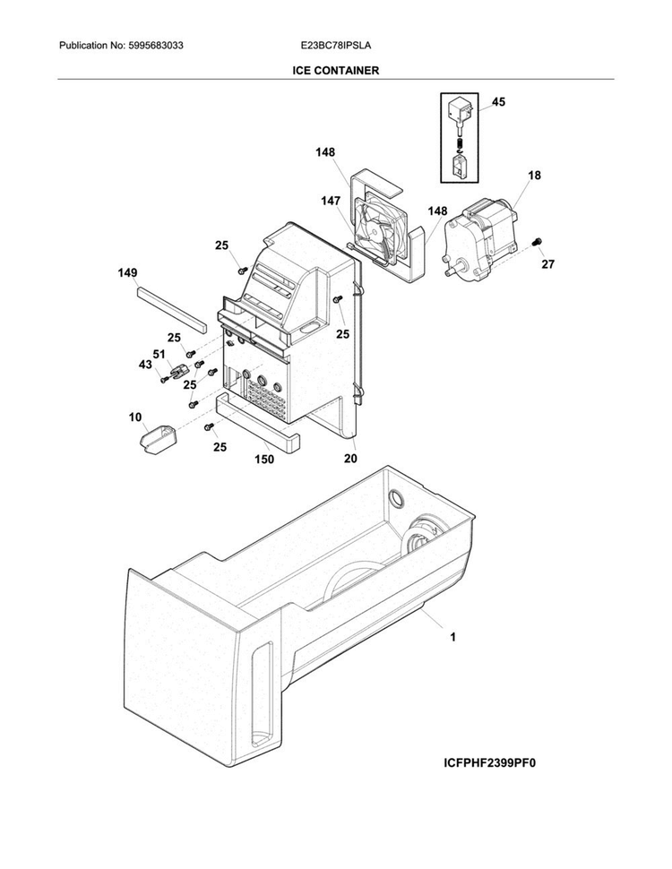 Ice Container Diagram and Parts List for E23BC78IPSLA  Electrolux Refrigerator