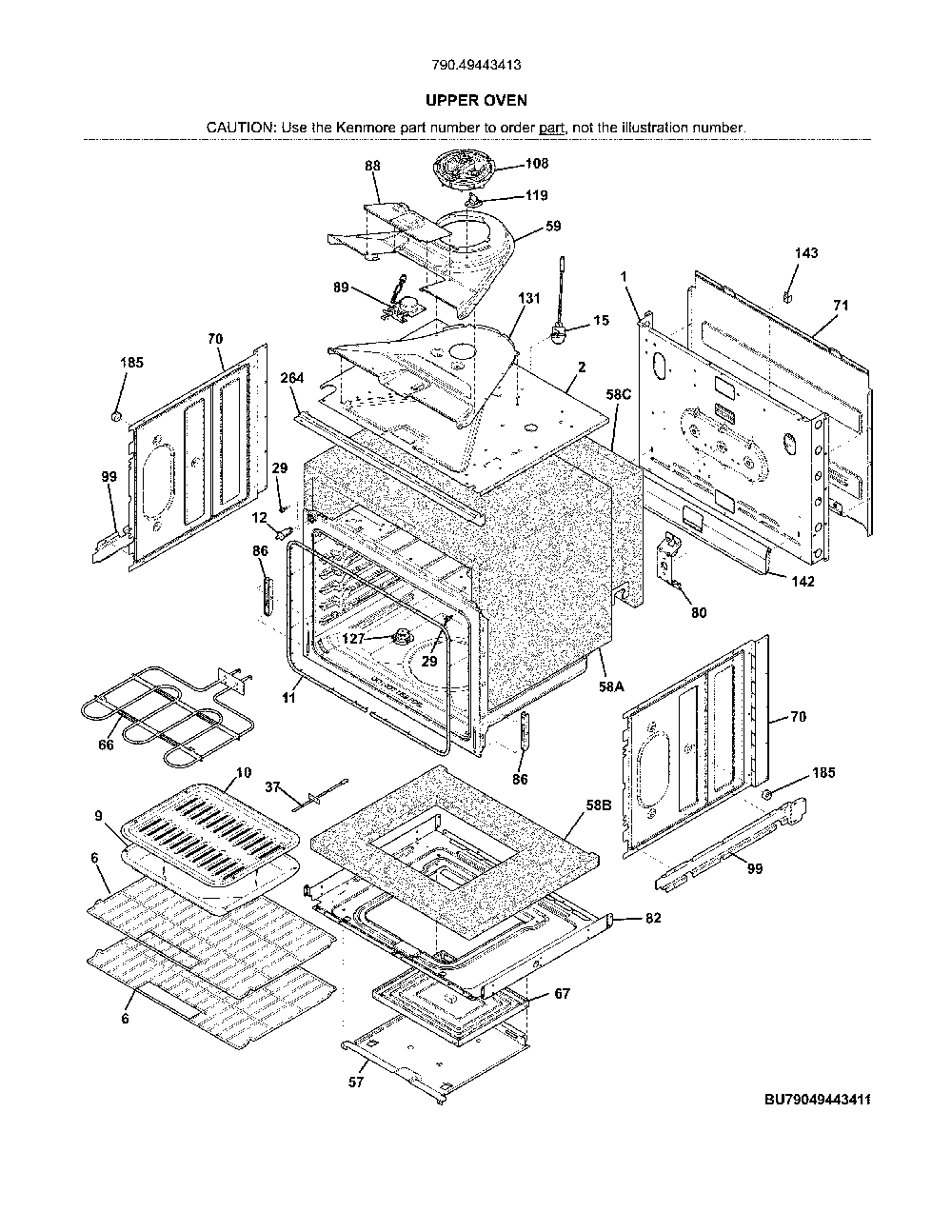 Upper oven Diagram and Parts List for 79049443413  Kenmore Wall Oven