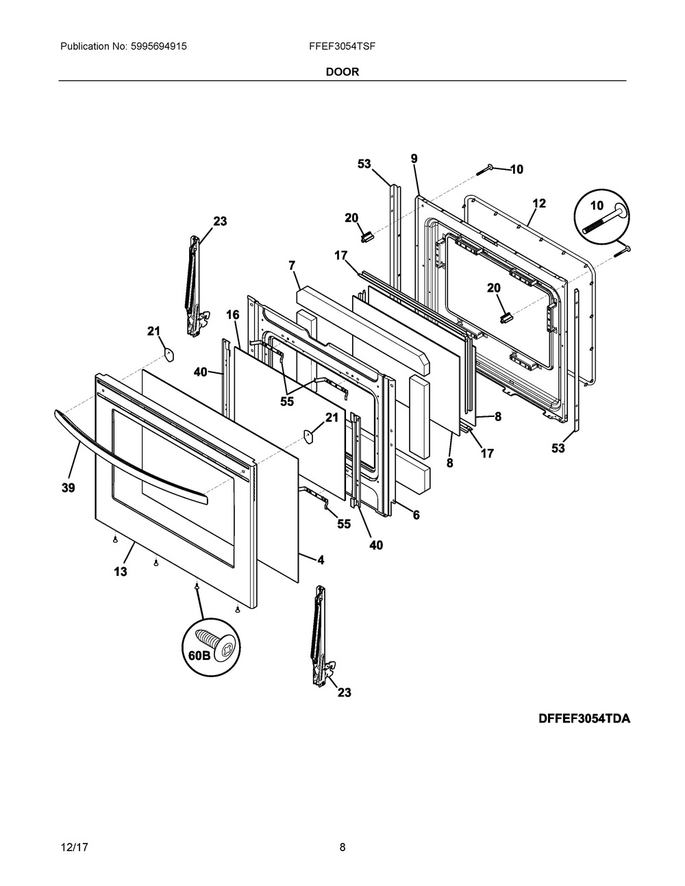 Door Diagram and Parts List for FFEF3054TSF  Frigidaire Range