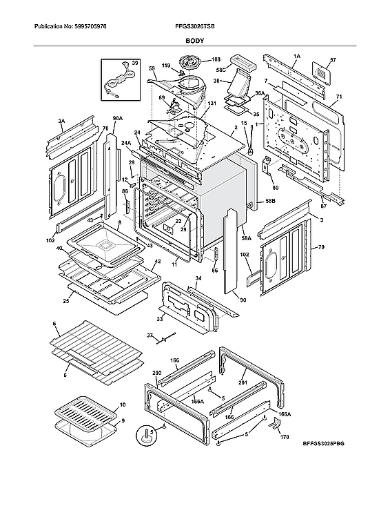 Body Diagram and Parts List for FFGS3026TSB  Frigidaire Range