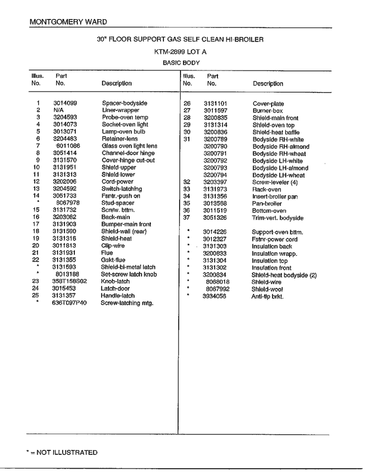 Basic Body Page 2 Diagram and Parts List for 2899A  Frigidaire Range