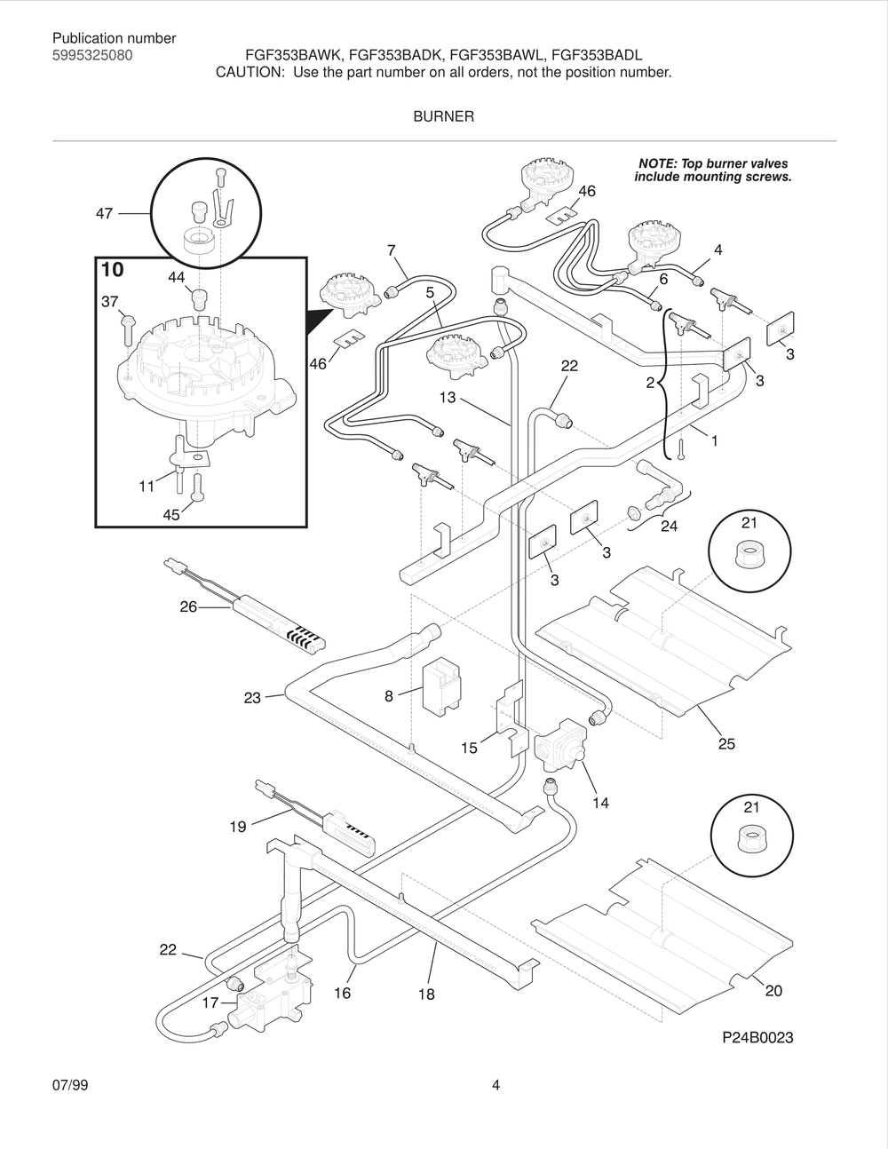 Burner Diagram and Parts List for FGF353BADK  Frigidaire Range