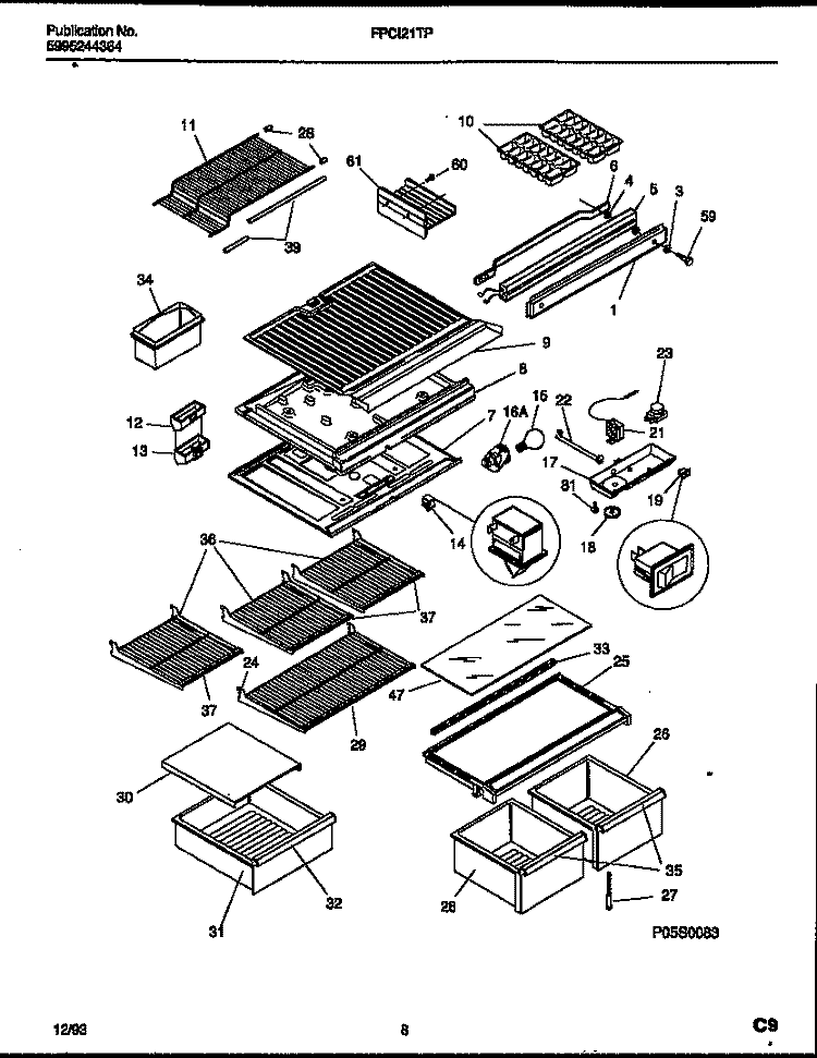 SHELVES AND SUPPORTS Diagram and Parts List for FPCI21TPW1  Frigidaire Refrigerator