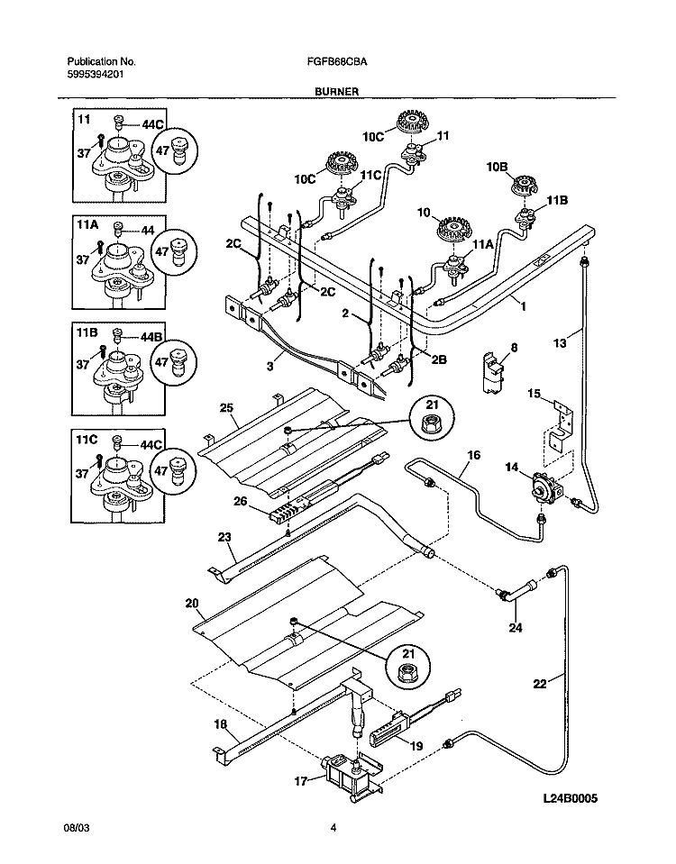 BURNER Diagram and Parts List for FGFB68CBA  Frigidaire Range