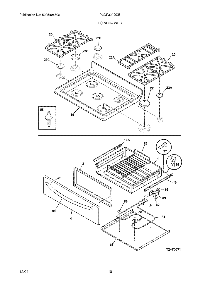 TOP / DRAWER Diagram and Parts List for PLGF390DCB  Frigidaire Range
