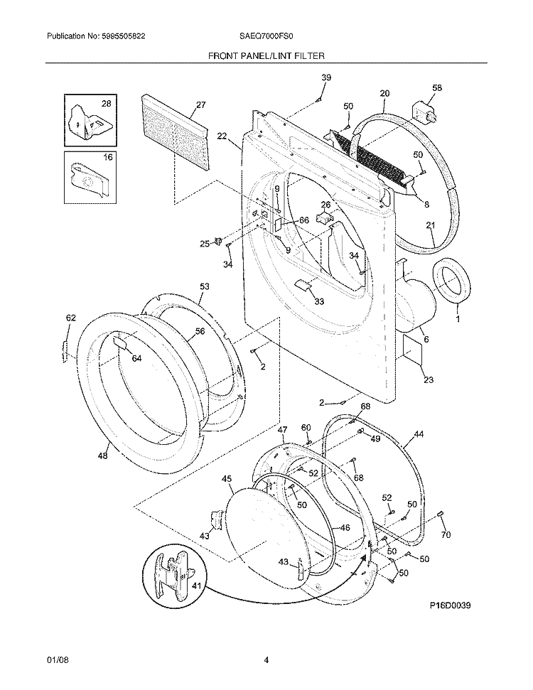FRONT PANEL / LINT FILTER Diagram and Parts List for SAEQ7000FS0  Electrolux Dryer