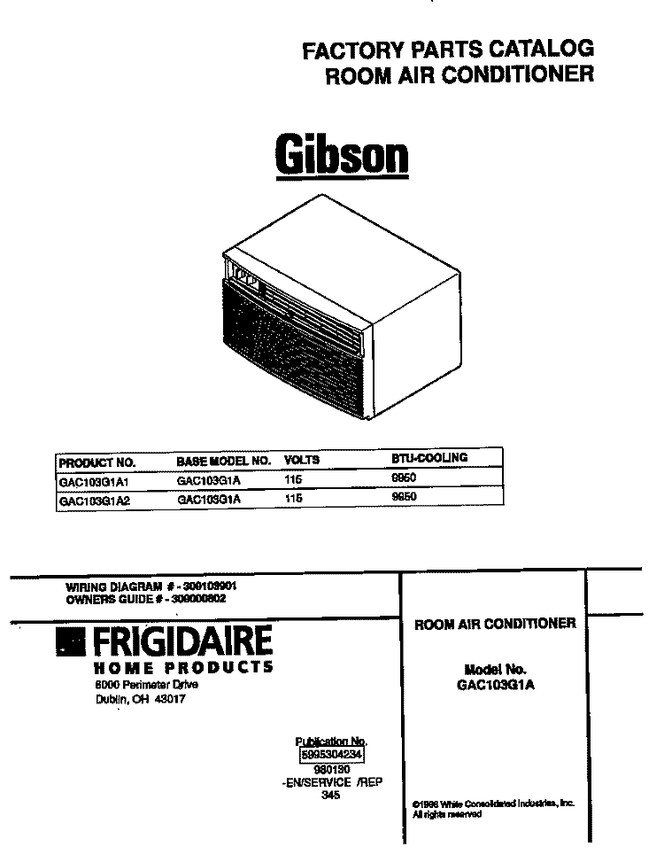 COVER Diagram and Parts List for GAC103G1A1  Gibson Air Conditioner
