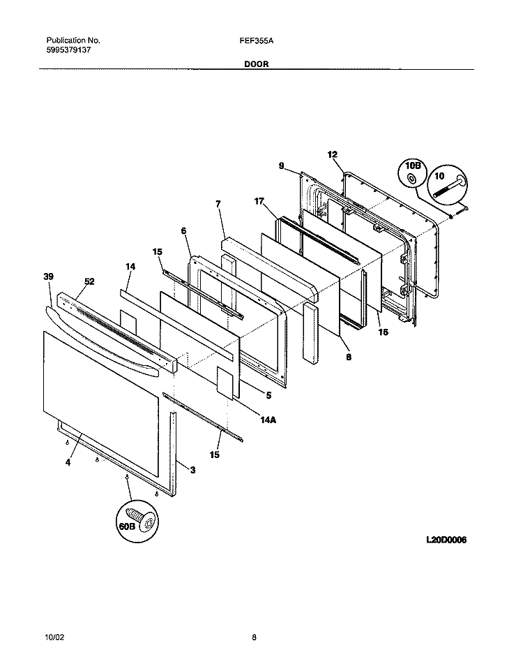 DOOR Diagram and Parts List for FEF355ASE  Frigidaire Range
