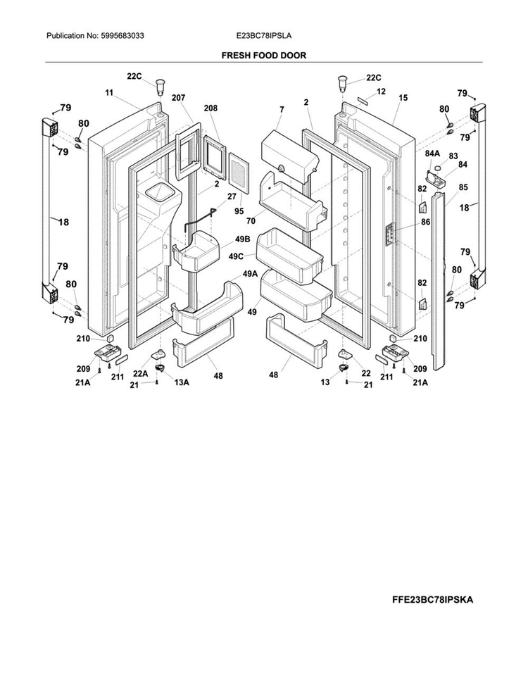 Fresh Food Door Diagram and Parts List for E23BC78IPSLA  Electrolux Refrigerator