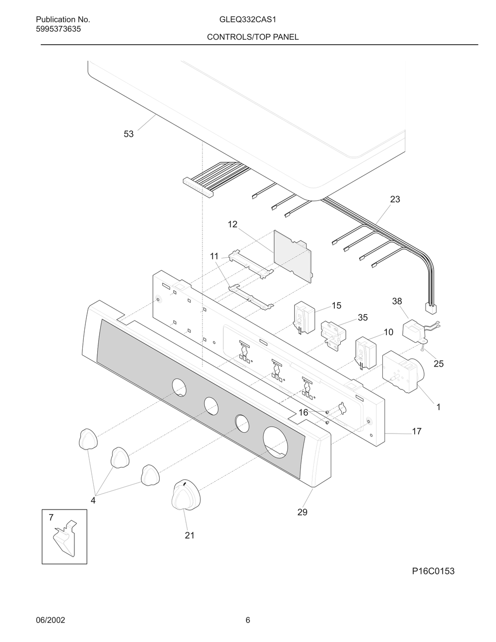 Controls/Top Panel Diagram and Parts List for GLEQ332CAS1  Frigidaire Dryer
