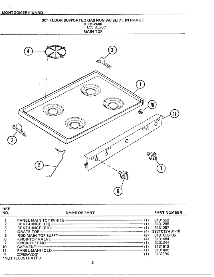 30` Floor Main Top Diagram and Parts List for 2408A  Frigidaire Range