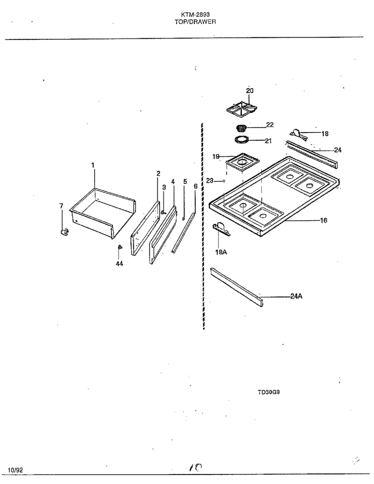 Top/drawer Diagram and Parts List for 2893  Frigidaire Range