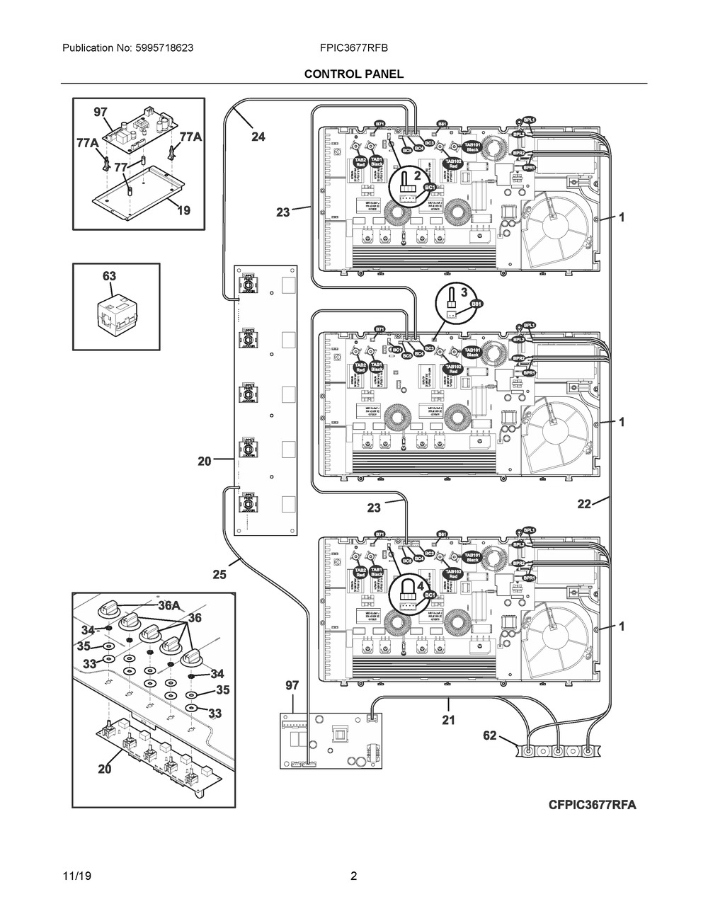 Control Panel Diagram and Parts List for FPIC3677RFB  Frigidaire Cooktop