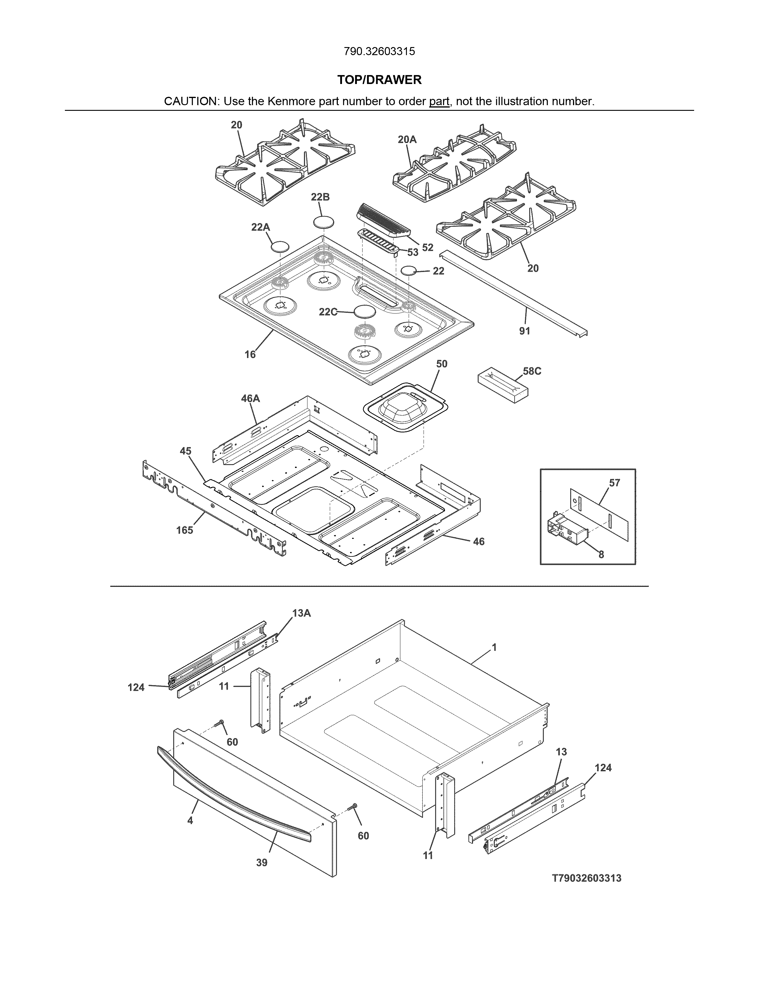 Top/drawer Diagram and Parts List for 79032603315  Kenmore Range