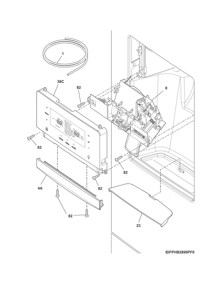 Controls & Ice Dispenser Diagram and Parts List for DGHF2360PF8A  Frigidaire Refrigerator