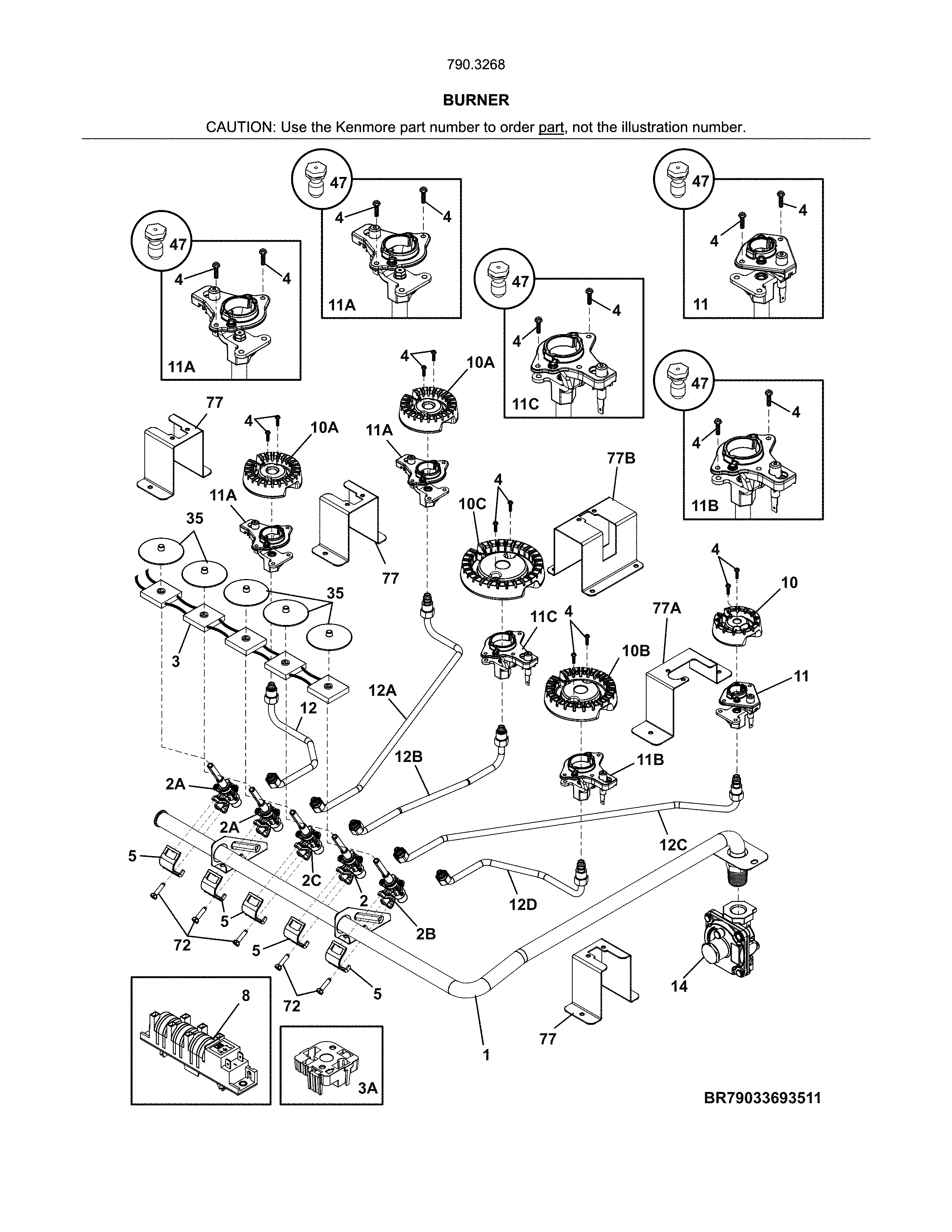 Burners Diagram and Parts List for 79032689411  Kenmore Cooktop